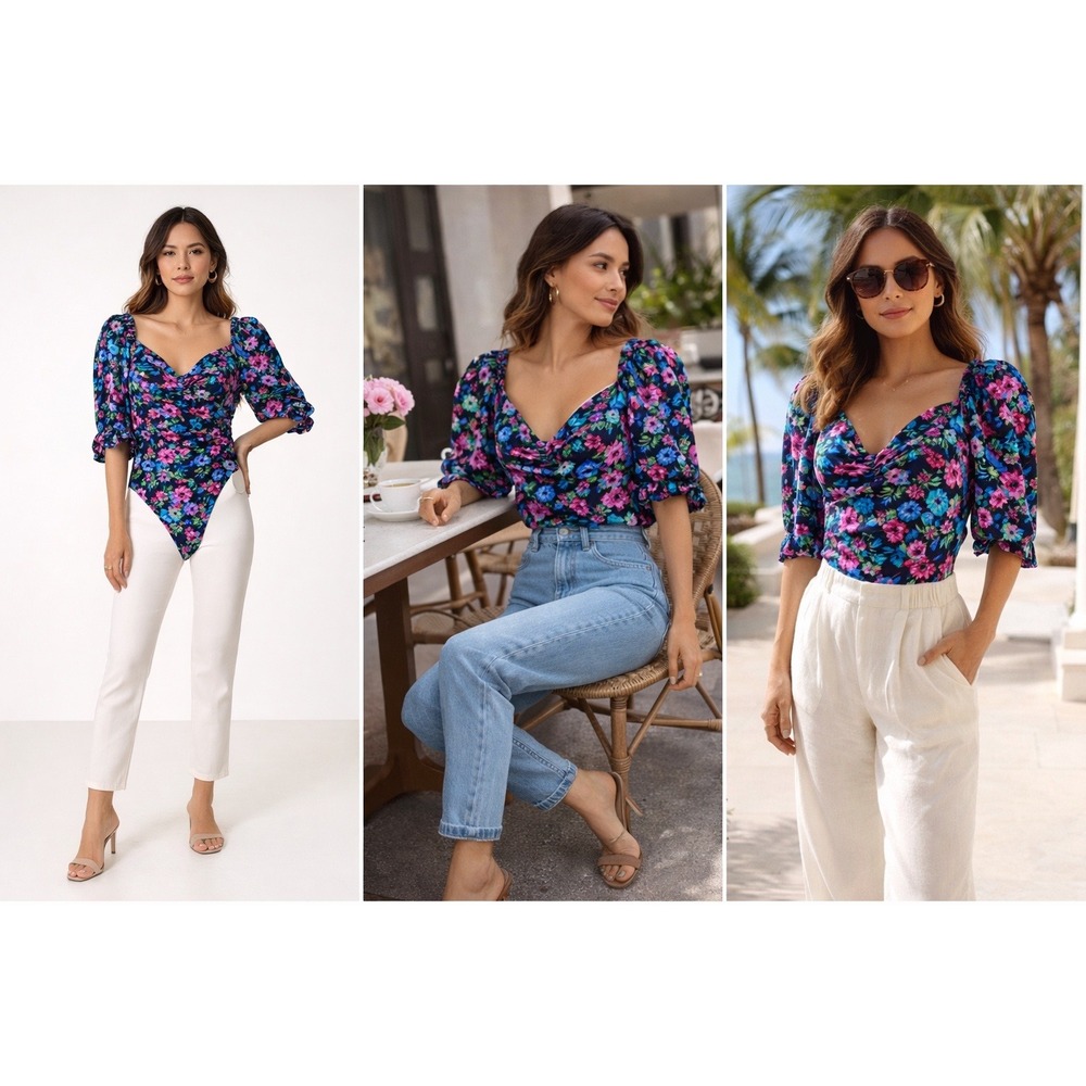 Misa Los Angeles‎ Floral Ruched Puff Sleeve Bodysuit Multicolor Rose Large